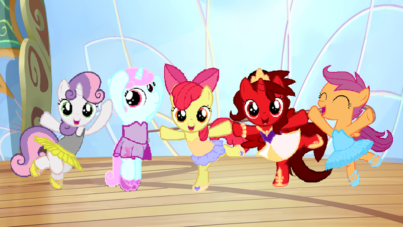 Size: 960x540 | Tagged: safe, artist:angrymetal, derpibooru import, apple bloom, scootaloo, sweetie belle, oc, oc:ballet star, oc:princess ruby, pony, ballerina, ballerinas, ballet, ballet slippers, bipedal, bloomarina, bloomerina, bow, clothes, cute, cutealoo, cutie mark crusaders, dance studio, dancing, on one hoof, scootarina, scootatutu, scootutu, shoes, skirt, skirtaloo, sweetierina, tutu, tutus