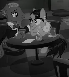 Size: 491x545 | Tagged: safe, derpibooru import, screencap, cleopatra jazz, unnamed character, unnamed pony, pony, sparkle's seven, background pony, cropped, female, male, mare, monochrome, shipping fuel, stallion, table, tavern