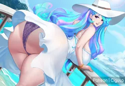 Size: 1421x984 | Tagged: adorasexy, artist:chigusa, ass, beautiful, beautisexy, big breasts, breasts, busty princess celestia, butt, clothes, cute, cutelestia, derpibooru import, dress, female, hat, huge breasts, huge butt, human, humanized, laced panties, large butt, looking at you, looking back, looking back at you, panties, panty shot, praise the sun, princess celestia, purple underwear, sexy, solo, solo female, stupid sexy celestia, suggestive, sunbutt, sundress, sun hat, the ass was fat, underwear, water
