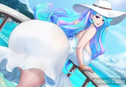 Size: 1421x984 | Tagged: adorasexy, artist:chigusa, ass, beautiful, beautisexy, big breasts, breasts, busty princess celestia, butt, clothes, cute, cutelestia, derpibooru import, dress, female, hat, huge breasts, huge butt, human, humanized, large butt, looking at you, looking back, looking back at you, praise the sun, princess celestia, sexy, solo, solo female, stupid sexy celestia, suggestive, sunbutt, sun hat, the ass was fat, water