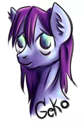 Size: 1469x2157 | Tagged: safe, artist:coco-drillo, derpibooru import, oc, oc:geko, pony, unicorn, badge, blue fur, bust, colourful, cyan eyes, ear fluff, nervous, portrait, purple mane, shy, solo