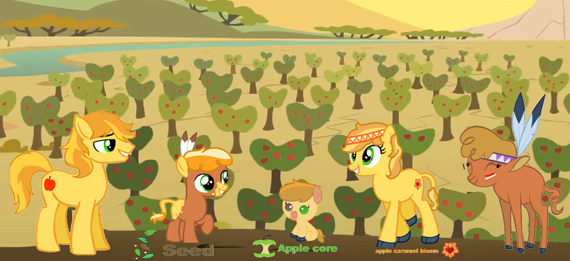 Size: 1960x900 | Tagged: safe, artist:hollymau, derpibooru import, braeburn, little strongheart, earth pony, hybrid, pony, apple, apple tree, bisony, braeheart, family, feather, female, grin, male, offspring, parent:braeburn, parent:little strongheart, parents:braeheart, raised hoof, shipping, smiling, stallion, straight, tree