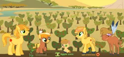 Size: 1960x900 | Tagged: safe, artist:hollymau, derpibooru import, braeburn, little strongheart, earth pony, hybrid, pony, apple, apple tree, bisony, braeheart, family, feather, female, grin, male, offspring, parent:braeburn, parent:little strongheart, parents:braeheart, raised hoof, shipping, smiling, stallion, straight, tree