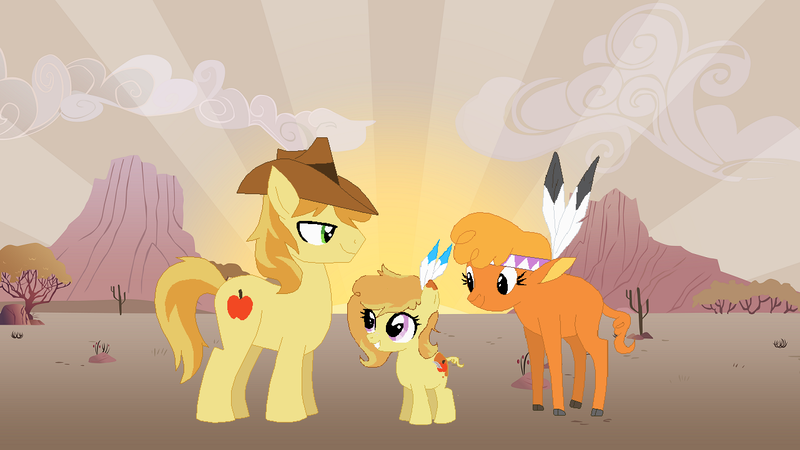 Size: 1281x721 | Tagged: artist:auridash-draws, bisony, braeburn, braeheart, derpibooru import, family, female, hybrid, little strongheart, male, offspring, parent:braeburn, parent:little strongheart, parents:braeheart, safe, shipping, straight