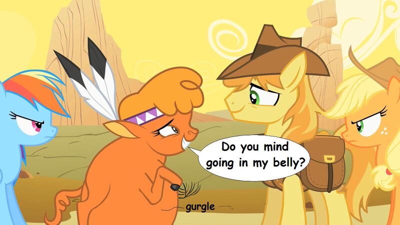 Size: 1280x720 | Tagged: safe, artist:voreediter, derpibooru import, edit, edited screencap, screencap, applejack, braeburn, little strongheart, rainbow dash, pony, over a barrel, belly, big belly, braeheart, dialogue, female, fetish, male, shipping, stomach noise, straight, vore