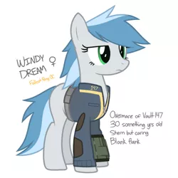 Size: 750x750 | Tagged: safe, artist:modocrisma, derpibooru import, oc, oc:windy dream, unofficial characters only, earth pony, pony, fallout equestria, fanfic, fanfic:vault 147, alternate universe, au:v147, blank flank, clothes, fallout, fanfic art, female, hooves, mare, pipboy, pipbuck, reference sheet, show accurate, simple background, solo, vault suit, watermark, white background