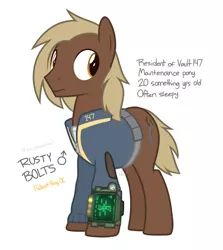 Size: 670x750 | Tagged: safe, artist:modocrisma, derpibooru import, oc, oc:rusty bolts, unofficial characters only, earth pony, pony, fallout equestria, fanfic, fanfic:vault 147, alternate universe, au:v147, clothes, fallout, fanfic art, hooves, male, pipboy, pipbuck, reference sheet, show accurate, simple background, solo, stallion, vault suit, watermark, white background