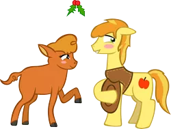 Size: 4867x3686 | Tagged: safe, artist:spokenmind93, derpibooru import, braeburn, little strongheart, pony, braeheart, christmas, female, holiday, holly, holly mistaken for mistletoe, male, old art is old, shipping, straight