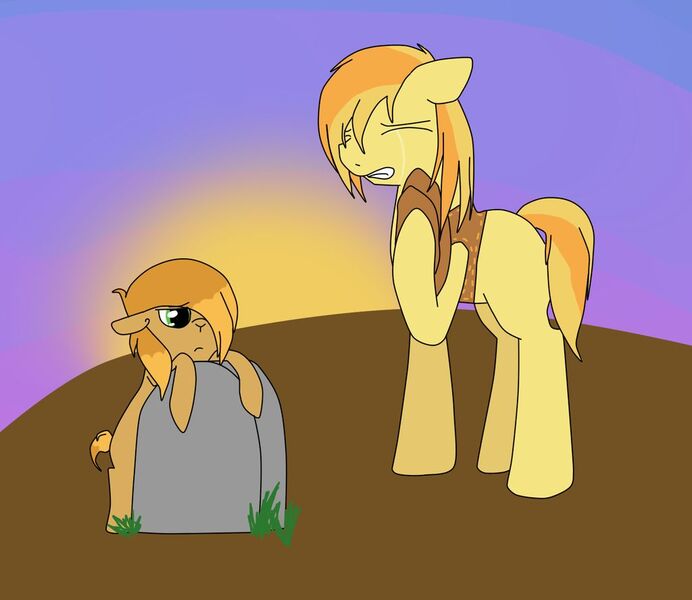 Size: 1024x888 | Tagged: artist:sylver-unicorn, bisony, braeburn, crying, derpibooru import, gravestone, hybrid, oc, offspring, parent:braeburn, parent:little strongheart, parents:braeheart, safe