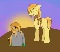 Size: 1024x888 | Tagged: artist:sylver-unicorn, bisony, braeburn, crying, derpibooru import, gravestone, hybrid, oc, offspring, parent:braeburn, parent:little strongheart, parents:braeheart, safe