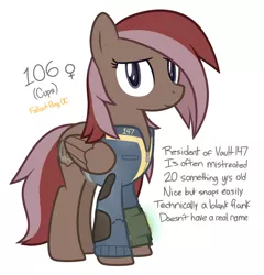 Size: 720x750 | Tagged: safe, artist:modocrisma, derpibooru import, oc, oc:cups, unofficial characters only, pegasus, pony, fallout equestria, fanfic, fanfic:vault 147, alternate universe, au:v147, blank flank, branding, clothes, fallout, fanfic art, female, hooves, mare, pipboy, pipbuck, reference sheet, show accurate, simple background, solo, vault suit, watermark, white background, wings