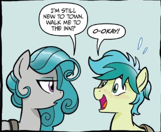 Size: 329x269 | Tagged: safe, derpibooru import, idw, sandbar, swift foot, earth pony, pony, spoiler:comic, spoiler:comicfeatsoffriendship01, cropped, cute, duo, female, green background, happy, lidded eyes, male, mare, official comic, sandabetes, simple background, speech bubble, thracian