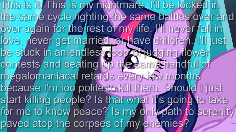 Size: 1920x1080 | Tagged: safe, artist:dwk, derpibooru import, edit, edited screencap, screencap, twilight sparkle, twilight sparkle (alicorn), alicorn, pony, totally legit recap, the beginning of the end, existential crisis, solo, text