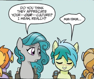 Size: 318x269 | Tagged: safe, artist:tonyfleecs, derpibooru import, idw, sandbar, swift foot, earth pony, pony, spoiler:comic, spoiler:comicfeatsoffriendship01, bag, blushing, cropped, duo focus, evil planning in progress, facade, female, freudian slip, green background, in love, male, manipulation, mare, official comic, saddle bag, simple background, speech bubble, teenager, thracian, young mare