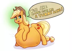 Size: 2400x1700 | Tagged: suggestive, artist:bellspurgebells, artist:graphenescloset, derpibooru import, applejack, earth pony, pony, belly, belly bumps, big belly, dialogue, female, fetish, mare, predajack, solo, solo female, vore