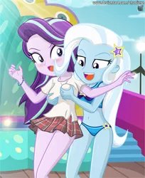 Size: 757x928 | Tagged: suggestive, artist:charliexe, derpibooru import, starlight glimmer, trixie, human, equestria girls, equestria girls series, adorasexy, bad touch, bikini, blue swimsuit, blushing, breast grab, breasts, clothes, cute, female, grope, legs, lesbian, miniskirt, open mouth, personal space invasion, plaid skirt, pleated skirt, sexy, shipping, shirt, skirt, startrix, swimsuit, thighs