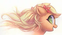 Size: 2135x1201 | Tagged: safe, artist:mirroredsea, derpibooru import, applejack, earth pony, pony, alternate hairstyle, bust, cute, female, floppy ears, flower, flower in hair, jackabetes, looking at you, looking back, looking back at you, mare, no pupils, open mouth, portrait, profile, simple background, smiling, solo, white background, windswept mane