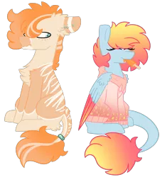 Size: 2821x3000 | Tagged: safe, artist:crazysketch101, derpibooru import, oc, oc:crazy looncrest, oc:dusk, unofficial characters only, earth pony, pegasus, pony, :t, colored wings, ear piercing, earring, food, gauges, gradient tail, gradient wings, jewelry, leonine tail, piercing, popsicle, ring, simple background, tail, tail ring, transparent background, wings