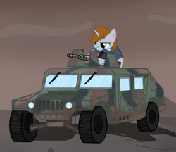 Size: 2900x2500 | Tagged: safe, artist:pizzamovies, derpibooru import, oc, oc:littlepip, unofficial characters only, pony, unicorn, fallout equestria, fanfic, car, clothes, fanfic art, female, grin, gun, hmmwv, hooves, horn, humvee, machine gun, mare, pipbuck, smiling, solo, vault suit, vehicle, wasteland, weapon