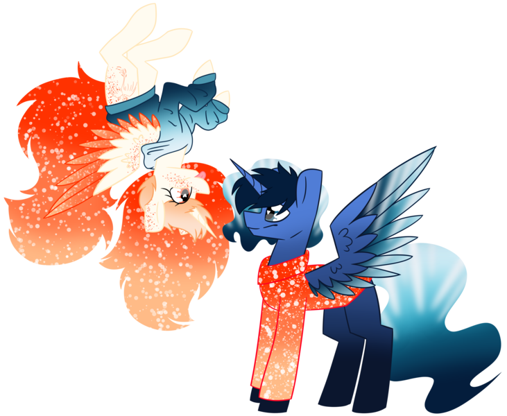 Size: 3189x2617 | Tagged: safe, artist:crazysketch101, derpibooru import, oc, oc:abyss, oc:phoenix, alicorn, pony, :p, alicorn oc, colored wings, colored wingtips, duo, gradient mane, gradient wings, horn, simple background, tongue out, transparent background, upside down, wings