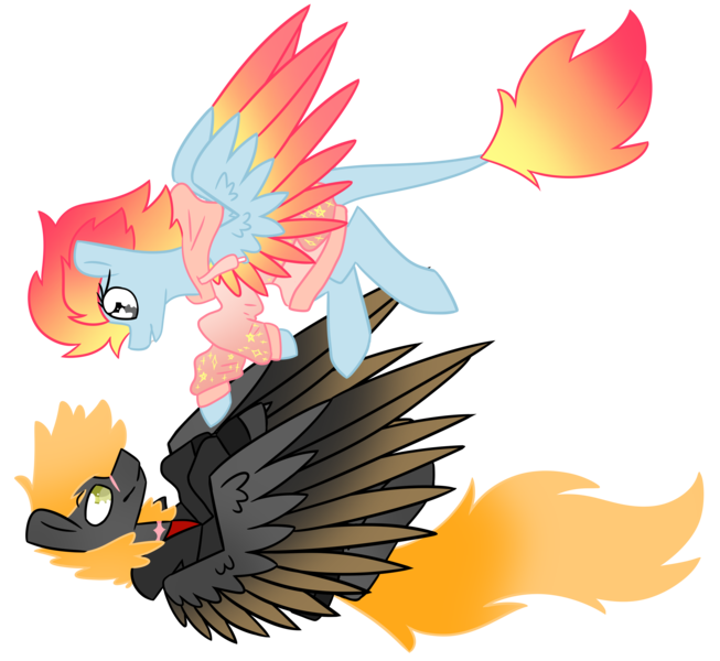 Size: 3159x2904 | Tagged: source needed, safe, artist:crazysketch101, derpibooru import, oc, oc:ashton burnside, oc:crazy looncrest, unofficial characters only, pegasus, pony, burncrest, clothes, colored wings, colored wingtips, duo, flying, gradient mane, gradient tail, gradient wings, hoodie, leonine tail, scar, simple background, sweater, transparent background, wings