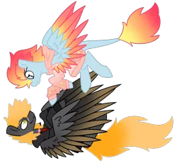 Size: 3159x2904 | Tagged: source needed, safe, artist:crazysketch101, derpibooru import, oc, oc:ashton burnside, oc:crazy looncrest, unofficial characters only, pegasus, pony, burncrest, clothes, colored wings, colored wingtips, duo, flying, gradient mane, gradient tail, gradient wings, hoodie, leonine tail, scar, simple background, sweater, transparent background, wings