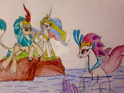 Size: 1280x960 | Tagged: safe, artist:dragonpinkiepie, derpibooru import, princess celestia, queen novo, rain shine, alicorn, kirin, pony, seapony (g4), my little pony: the movie, colored pencil drawing, deviantart watermark, ethereal mane, female, leader, mare, obtrusive watermark, princess, traditional art, trio, water, watermark