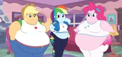 Size: 3072x1440 | Tagged: safe, artist:neongothic, derpibooru import, applejack, pinkie pie, rainbow dash, equestria girls, applefat, bbw, belly, belly button, big belly, breasts, busty applejack, busty pinkie pie, chubbie pie, chubby, chubby cheeks, chubby dash, chubby jack, double chin, fat, fat boobs, morbidly obese, obese, pat on back, piggy pie, pudgy pie, rainblob dash, ssbbw, weight gain