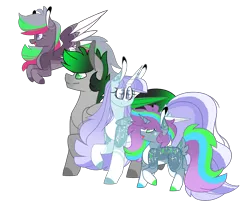 Size: 3563x3026 | Tagged: safe, artist:crazysketch101, derpibooru import, oc, oc:nova, oc:stella, oc:unit, oc:ursa, unofficial characters only, alicorn, pegasus, pony, unicorn, alicorn oc, colored hooves, family, horn, simple background, tail fluff, transparent background, wings