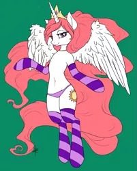 Size: 1563x1941 | Tagged: alicorn, artist:tt-n, clothes, colored, color edit, derpibooru import, edit, editor:jingles-j, female, green background, mare, panties, pink underwear, princess celestia, semi-anthro, sexy, simple background, socks, solo, solo female, striped socks, suggestive, underwear