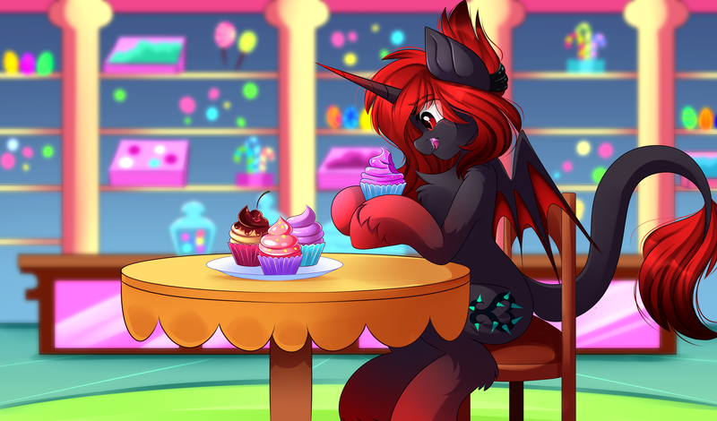 Size: 4333x2545 | Tagged: safe, artist:airiniblock, derpibooru import, oc, oc:queen haiku, unofficial characters only, bat pony, hybrid, pony, blurred background, chair, commission, cupcake, digital art, female, food, leonine tail, mare, rcf community, red and black oc, red hair, red mane, red tail, sitting, solo, table, tongue out