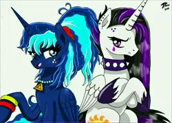 Size: 12000x8600 | Tagged: safe, artist:brekrofmadness, derpibooru import, princess celestia, princess luna, pony, between dark and dawn, 80s princess luna, absurd resolution, choker, punklestia, spiked choker