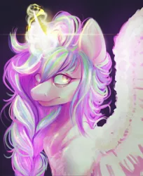 Size: 2175x2660 | Tagged: safe, artist:thewickedvix, derpibooru import, princess celestia, alicorn, pony, alternate hairstyle, bags under eyes, braided ponytail, female, glowing horn, horn, lens flare, mare, ponytail, simple background, solo, spread wings, tired, wings