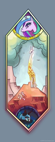 Size: 1259x3260 | Tagged: safe, artist:incmyk, derpibooru import, fluttershy, nightmare moon, princess celestia, oc, giraffe, pony, diplomacy, female, headcanon, mare, missing accessory, mountain