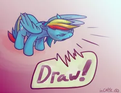 Size: 1146x882 | Tagged: safe, alternate version, artist:incmyk, derpibooru import, rainbow dash, pegasus, pony, cutie mark, eyes closed, female, gradient background, mare, motivational, one wing out, solo, speech bubble, wings, yelling