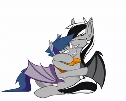 Size: 1157x933 | Tagged: safe, artist:flylash6009, derpibooru import, oc, oc:flylash, oc:stormdancer, bat pony, pony, bandana, bat pony oc, bat wings, grumpy, smiling, snuggling, wings