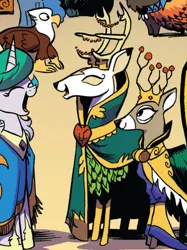 Size: 664x890 | Tagged: safe, artist:andypriceart, derpibooru import, idw, screencap, king aspen, princess celestia, alicorn, deer, gryphon, pony, spoiler:comic, spoiler:comic61, clothes, cropped, dress, female, image, male, mare, official comic, png, queen birch, stag
