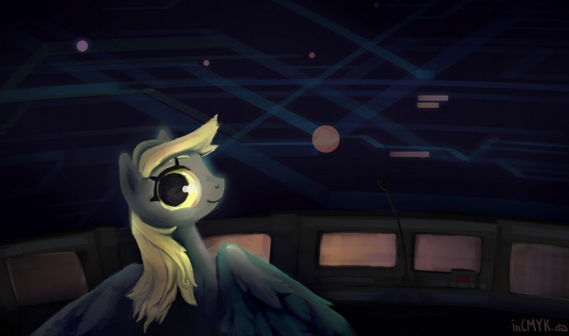 Size: 1521x900 | Tagged: safe, artist:incmyk, derpibooru import, derpy hooves, pegasus, pony, air traffic controller, cute, derpabetes, female, looking at you, looking over shoulder, mare, microphone, screen, smiling, solo, spread wings, this will not end well, window, wings