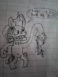 Size: 720x960 | Tagged: safe, artist:logan jones, derpibooru import, spike, twilight sparkle, unicorn, friendship is magic, angry, bipedal, bloodshot eyes, crazy face, drawing, faic, foaming at the mouth, hoof hold, lined paper, pen drawing, photo, ren and stimpy, style emulation, stylistic suck, traditional art, twilight snapple, unicorn twilight, vein bulge