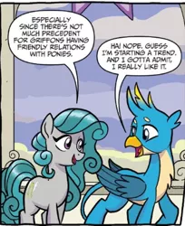 Size: 323x396 | Tagged: safe, artist:tonyfleecs, derpibooru import, idw, gallus, swift foot, earth pony, gryphon, pony, spoiler:comic, spoiler:comicfeatsoffriendship01, cropped, cutie mark, duo, female, male, mare, official comic, smiling, speech bubble, wings