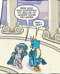 Size: 314x388 | Tagged: safe, artist:tonyfleecs, derpibooru import, idw, gallus, swift foot, earth pony, gryphon, pony, spoiler:comic, spoiler:comicfeatsoffriendship01, chest fluff, claws, cropped, duo, evil planning in progress, eyes closed, facade, female, folded wings, haha, male, manipulation, mare, official comic, paws, raised hoof, speech bubble, talons, teenager, wings, young mare
