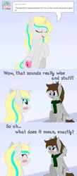 Size: 1000x2286 | Tagged: safe, artist:phoenixswift, derpibooru import, oc, oc:fuselight, oc:scute, unofficial characters only, pegasus, pony, unicorn, ask fuselight, ask, blushing, clothes, female, male, mare, scarf, stallion, tumblr