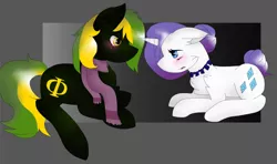 Size: 1098x648 | Tagged: safe, artist:mootsarts, derpibooru import, rarity, oc, oc:vermont black, earth pony, pony, unicorn, alternate hairstyle, blushing, canon x oc, clothes, couple, female, hair bun, jewelry, looking at each other, male, mare, necklace, phi, scarf, stallion, tail bun