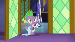 Size: 1280x720 | Tagged: safe, derpibooru import, screencap, rarity, spike, dragon, castle sweet castle, blanket, claws, crush plush, cute, doll, male, plushie, rarity plushie, solo, spikabetes, tail, toy