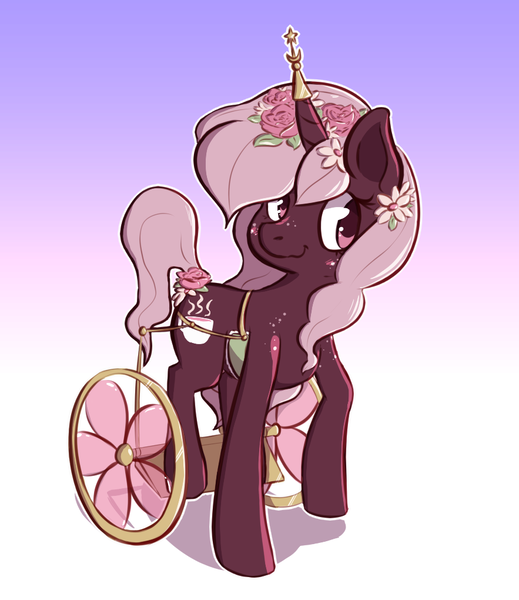 Size: 883x1020 | Tagged: safe, artist:kerpupu, deleted from derpibooru, derpibooru import, oc, oc:rose tea (spetu), unofficial characters only, pony, unicorn, female, gradient background, mare, outline, solo, wheelchair