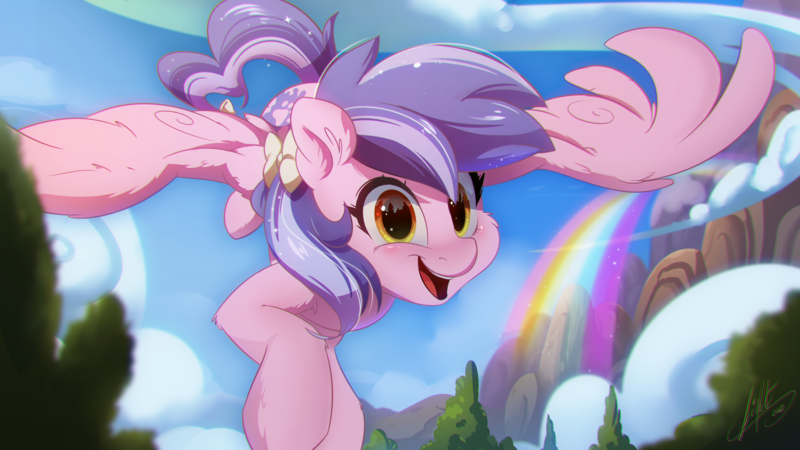 Size: 2500x1406 | Tagged: safe, artist:light262, derpibooru import, oc, unofficial characters only, pegasus, pony, blushing, bow, cheek fluff, cloud, ear fluff, female, flying, gift art, hair bow, happy, leg fluff, looking at you, mare, mountain, open mouth, rainbow, scenery, signature, sky, smiling, solo, spread wings, tail bow, tree, wings
