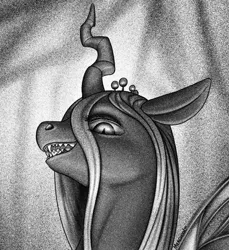 Size: 1318x1436 | Tagged: artist:mercurial64, black and white, bust, changeling, changeling queen, derpibooru import, evil grin, fangs, female, grayscale, grin, monochrome, portrait, queen chrysalis, safe, smiling, solo