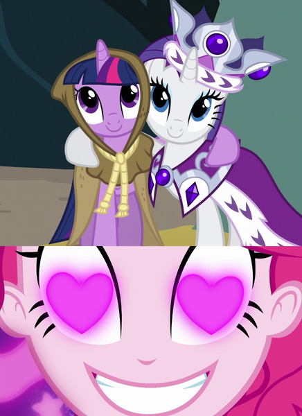 Size: 960x1320 | Tagged: safe, derpibooru import, edit, edited screencap, screencap, clover the clever, pinkie pie, princess platinum, rarity, twilight sparkle, coinky-dink world, eqg summertime shorts, equestria girls, hearth's warming eve (episode), cropped, female, heart eyes, lesbian, meme, pinkie the shipper, pinkie's eyes, rarilight, shipping, wingding eyes