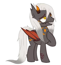 Size: 1145x1214 | Tagged: safe, artist:ashakalovsky, artist:celestial-rue0w0, derpibooru import, oc, oc:balan, unofficial characters only, demon, demon pony, original species, pony, base used, bat wings, commission, grin, male, markings, pentagram, raised hoof, simple background, smiling, solo, stallion, tattoo, transparent background, wings