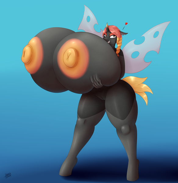 Size: 4062x4170 | Tagged: absurd resolution, anthro, areola, artist:09hankris, big areola, big breasts, big nipples, breast hold, breasts, changeling, changeling oc, commission, derpibooru import, female, flirting, heart, huge breasts, hyper, hyper breasts, impossibly large areola, impossibly large breasts, impossibly large nipples, nipples, nudity, oc, oc:lepidoptera, orange changeling, questionable, solo, solo female, thighs, thunder thighs, unguligrade anthro, unofficial characters only, wings